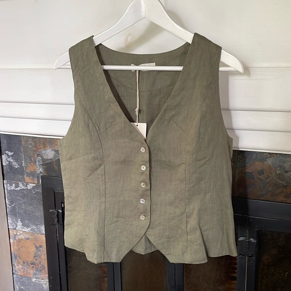 Olive Green Linen Blend Button-Front Women's Vest